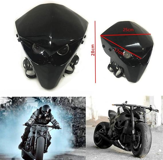 Universal Fiber Glass FRP Motorcycle Headlight Fairing Racing Skeleton Skull Headlight (Black)
