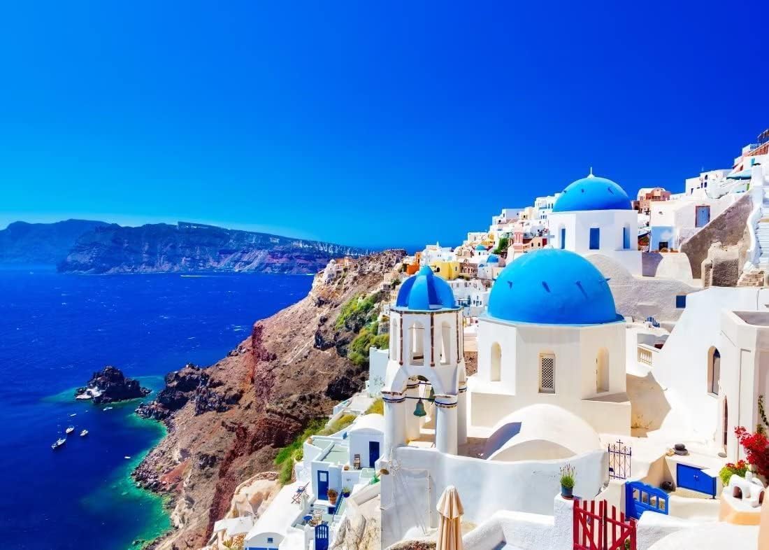 CORFOTO Fabric 7x5ft Greece Photo Backdrop Santorini Island Oia Village Backdrop Greece Photography Background for Greece Themed Party Banner Mamma Mia Birthday Decor Bridal Shower Photo Booth