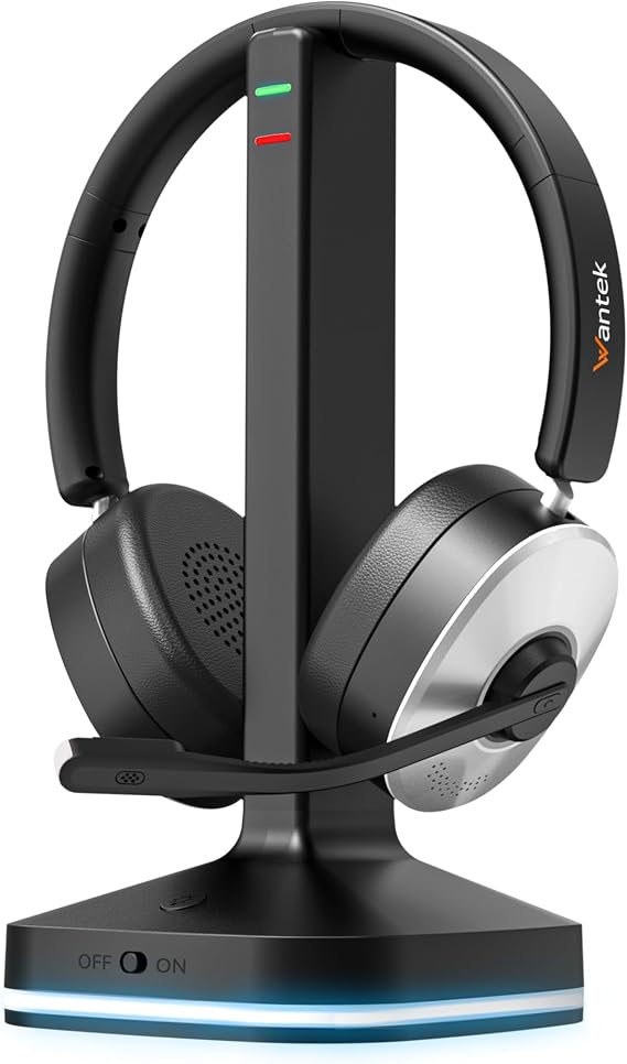 Wantek Wireless Headset with Microphone Bluetooth Headset with Charging Station Wireless Wireless Headphone with Microphone and USB Dongle Call Center Headphone for Computer Laptop Teams Office