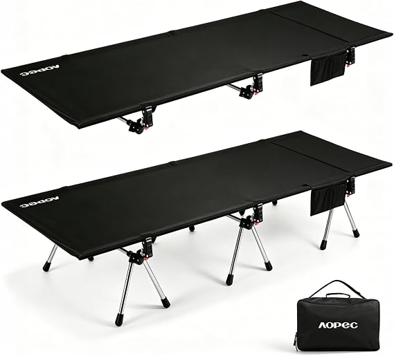 Height Adjustable Camping Cot, 350lbs Heavy-Duty Aluminum Frame, Black | Camping Cot for Adults with Leg Extenders, Lightweight Travel Bed, 300D Oxford Fabric for Camping, Hiking, Car Trips