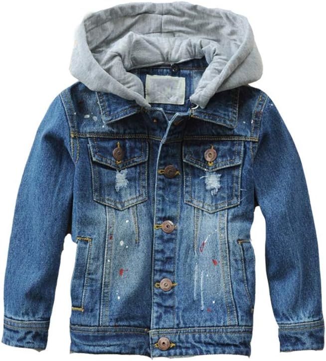 Mallimoda Kids Boys Girls Hooded Denim Jacket | Jean Jacket for Boys Girls, Lightweight Coat with Hood, Zip Up Casual Outerwear, Spring Fall Fashion Clothes, Outdoor Wear