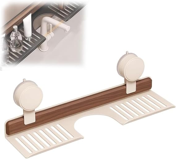 Walnut Bathroom Kitchen Suction Cup Shelf,Removable Wood Faucet Storage Rack,Wall Mounted No Drilling Shelf Basket,Sink Over Faucet,For Toiletries,Small Accessories(50cm,White)