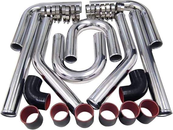 Universal Turbo Intercooler Aluminum Pipe Piping and Silicone Hose Kit w/Stainless Steel T-Clamps(3inch,Black&Red)