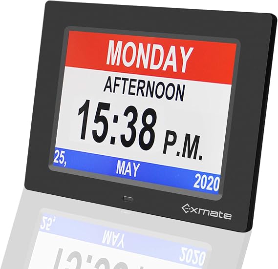 Exmate Digital Calendar Alarm Day Clock, 8" Day Clock Calendar Large Screen Display, with 13 Alarm Options Snooze Function for Elderly, Visual Impairment, Dementia, Memory Loss