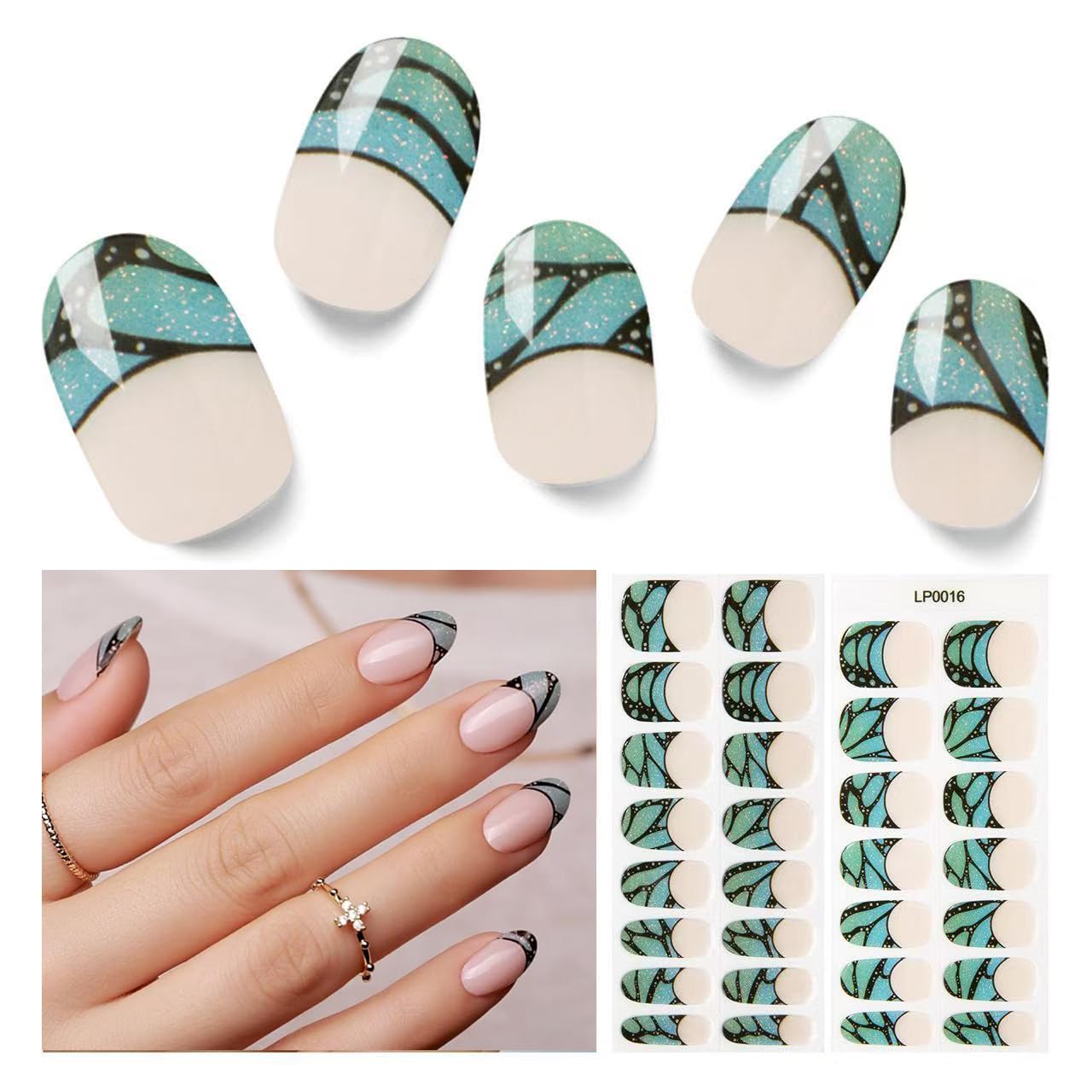 Semi Cured Gel Nail Strips, 30pcs Gel Nail Wraps, Easy to Apply, 2 Weeks Long Lasting Cyan Butterfly Magic