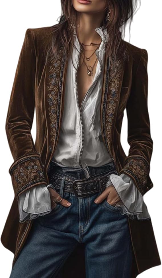 Womens Velvet Jacket Vintage Embroidery Open Front Cardigan Coat Patchwork Long Sleeve Shirts Jackets Outerwear