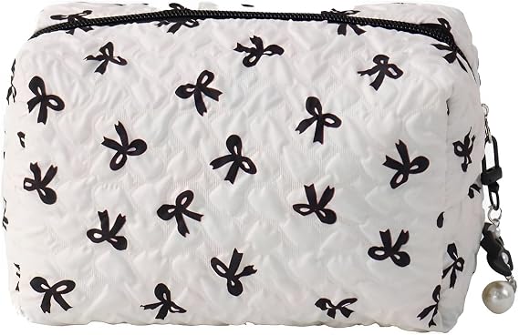 Small Makeup Bag for Handbag, Cute Coquette Make Up Bag, Mini Quilted Cosmetic Pouch - Black Handbag Organizer, Small Travel Make Up Bags for Purse (Black)