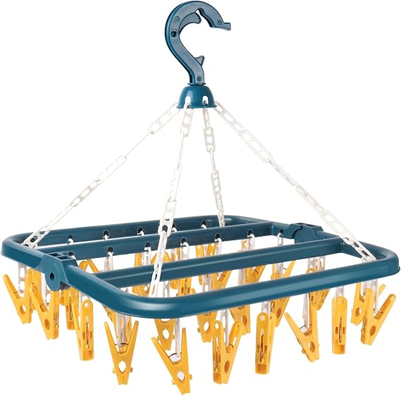 lohey Foldable Clothes Drying Rack with 32 Clips, Space-Saving Sock Hangers for Drying, Multi-Functional Clothes Pegs for Washing Line for Hats, Shoe Insoles, Underwear, Baby Clothes