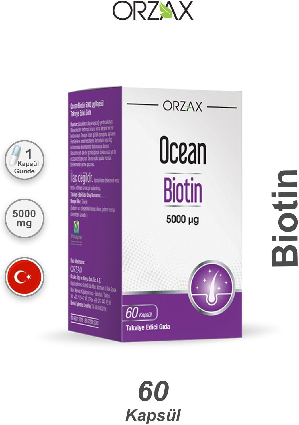 Orzax Ocean Biotin 5000 µg Takviye Edici Gıda, 60 Kapsül