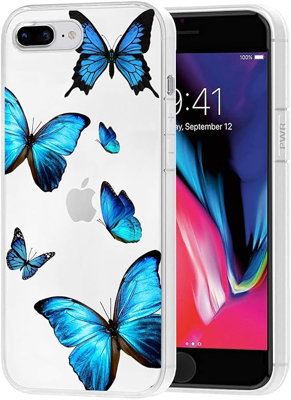 Clear Case Compatible with for iPhone 8 Plus & 7 Plus, 5.5 inch Case for Women, Cute Soft TPU Shockproof Protective Phone Case Cover for iPhone 8 Plus Blue Butterfly
