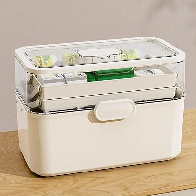 3-Tier Medicine Organizer with Removable Small Medicine Box, Large Clear First Aid Storage Box for Home & Travel, Portable Medical Cabinet with Handle, Family Emergency Kit