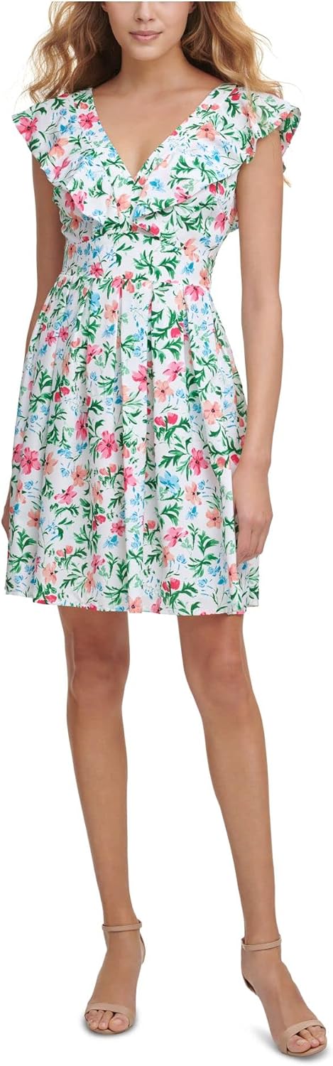 kensie Dresses Womens White Zippered Ruffled Crisscross Back with Cutout Floral Sleeveless V Neck Above The Knee Fit  Flare Dress 2