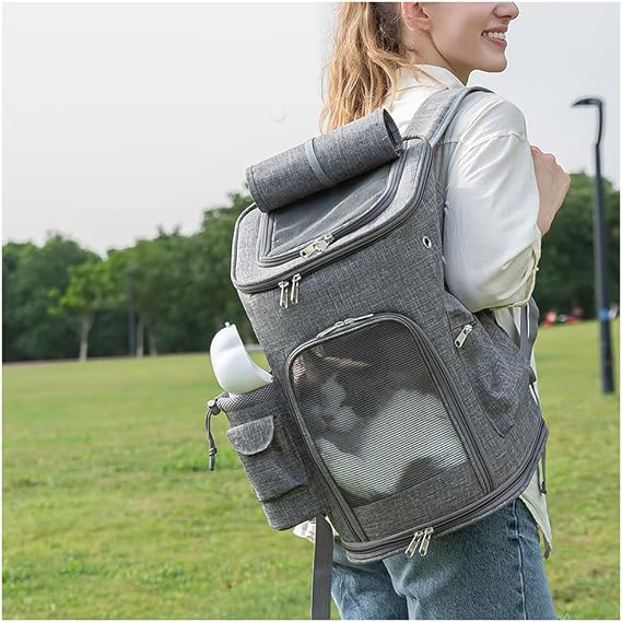 Cat &Dog Carrier Backpack, Pet Carrier with Sun Shade & Full Front Opening, Breathable Mesh Backpack for Small Dogs & Medium Cats Up to 18 Lbs, for Traveling, Hiking, Camping (Grey)