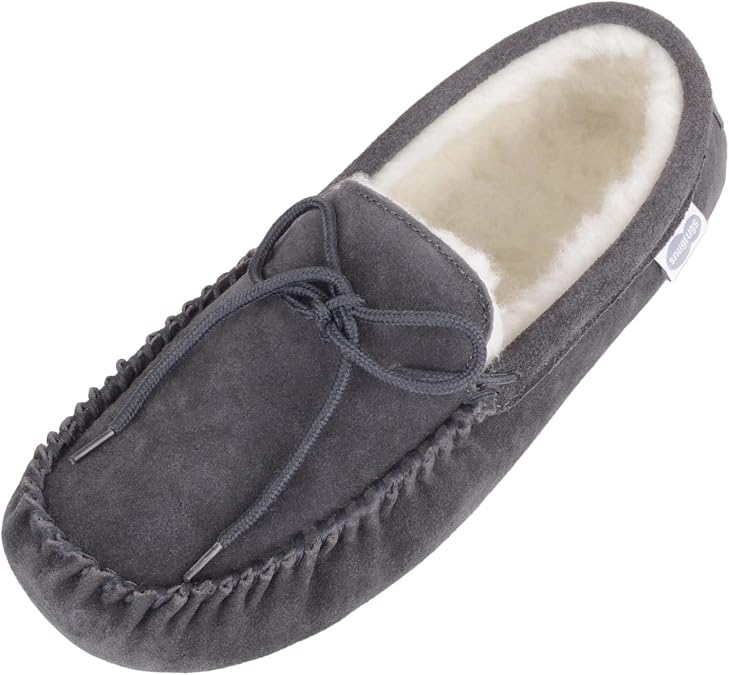 SNUGRUGS Men's Alfie Wool Lined Suede Sole Moccasin Slipper, Dark Grey, 9 US