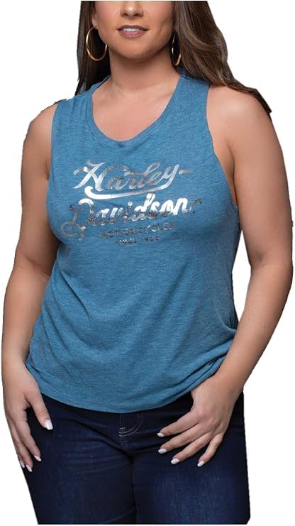 Harley-Davidson Women's Foil Elegantly Flowy Scoop Neck Muscle Tank Top, Teal