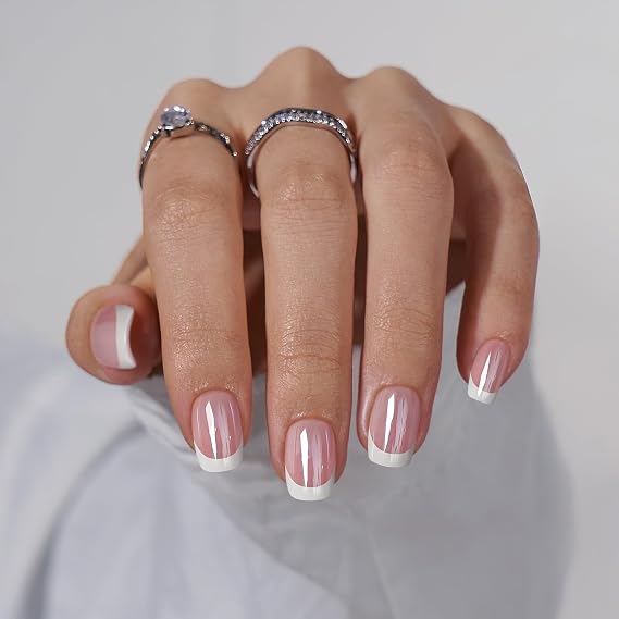 BTArtbox Press On Nails, Be Elegant, Short Square, White French Tip, 32Ct