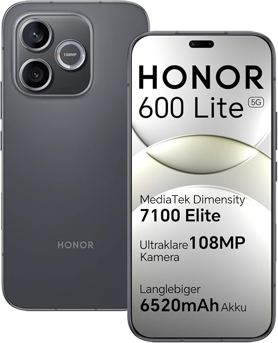 HONOR 600 Lite 5G Smartphone 6.6 AMOLED Display 120Hz 108MP AI Kamera 6520mAh Akku 8GB RAM + 256GB Speicher IP66 Wasserdicht Simlockfreies Handy Android 16 Metall Unibody Design