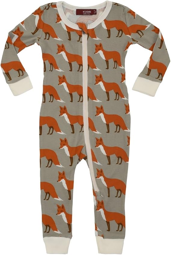 MilkBarn Organic Cotton Zipper Pyjamas - Orange Fox, Grey, Medium