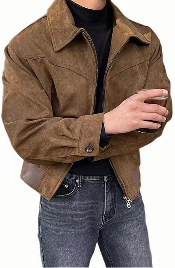 Feegow Men's Suede Cropped Lapel Loose Jacket Vintage Maillard Style Casual Coat for Spring and Autumn with Regular Length and Long Sleeve, Brown(M Brown)