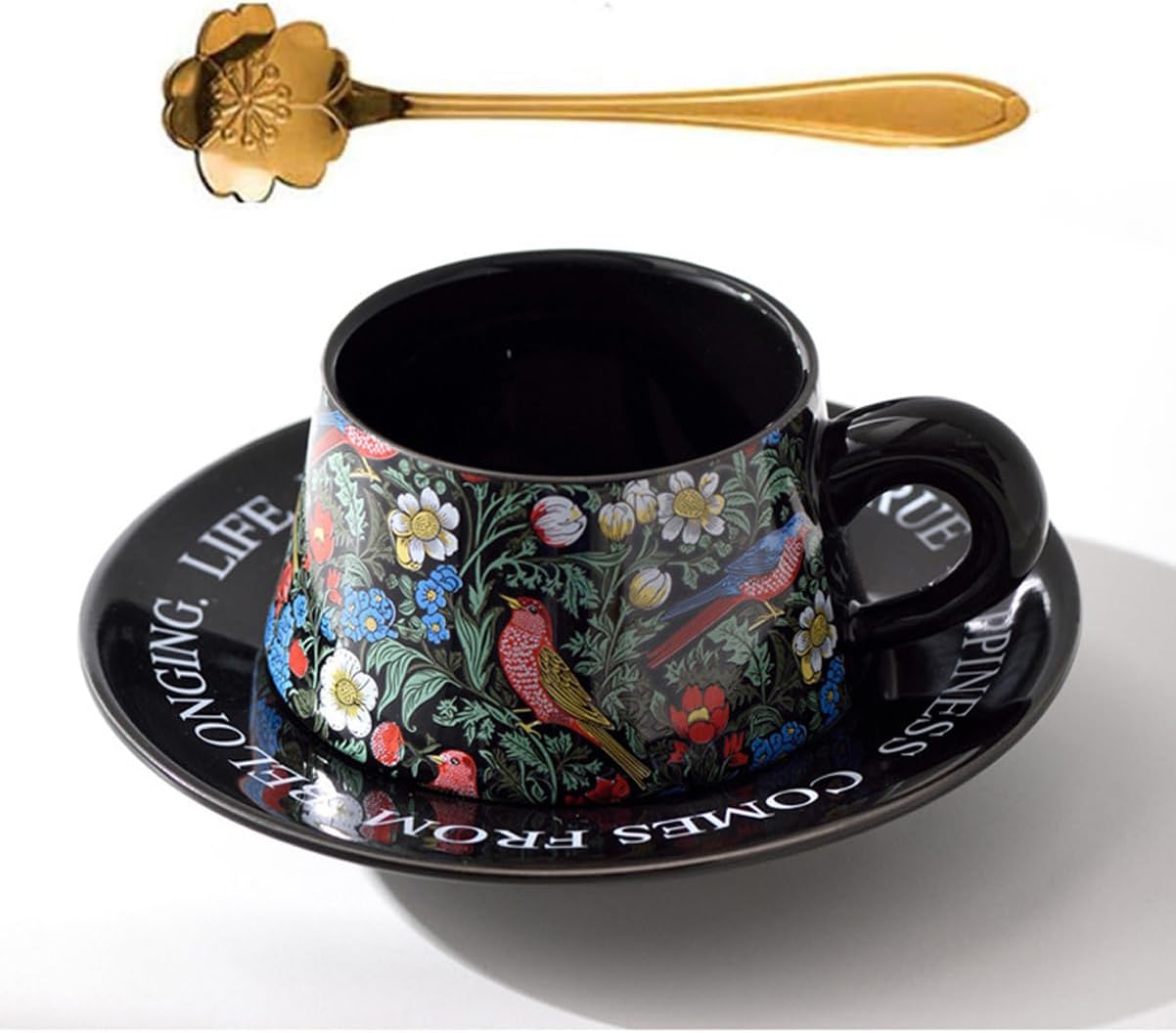 YBK Tech Morris Style Ceramic Cup and Saucer Set, 9oz Teacup with Saucer- Birds and Floral Pattern (Black)