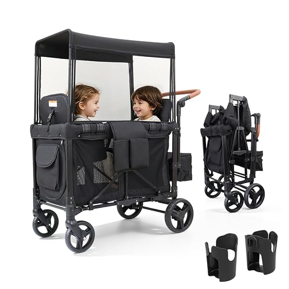 Wagon Stroller for 2 Kids, TOYOBABY 2-in-1 Double Toddler Stroller with Canopy & Removable Seats, Push Utility Cart with Safety Harness & Shock-Absorbent Wheels, One-Hand Fold, Black