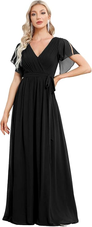 Ever-Pretty Women's V-Neck Ruffle Sleeves Ruched Bust Chiffon Floor Length Bridesmaid Dresses 0164A