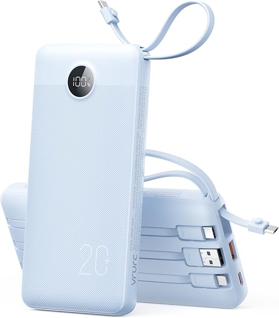 VRURC Portable Charger 4-Built-in-Cable 20000mAh Power Bank Fast Charging