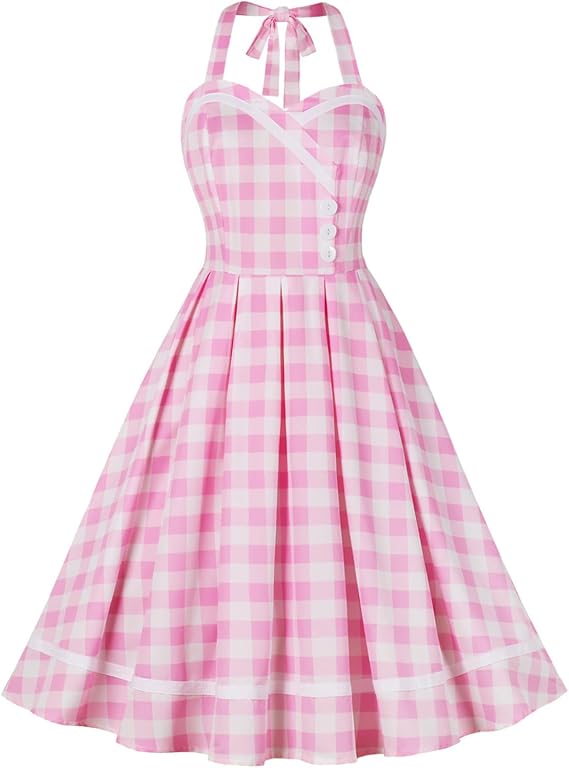 Vintage Pink Gingham Dress for Women 1950s 50s Ruffle Spaghetti Straps Checkered Swing Tea Dresses Rockabilly Audrey Hepburn