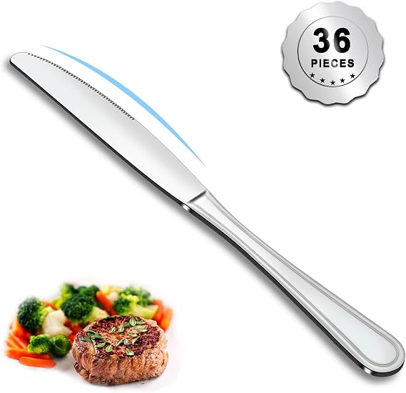 Dinner Knives Set of 36, 9 Butter Knives with Pretty Line Handle, Food Grade Stainless Steel Table Knife, Dishwasher Safe & Mirror Polished
