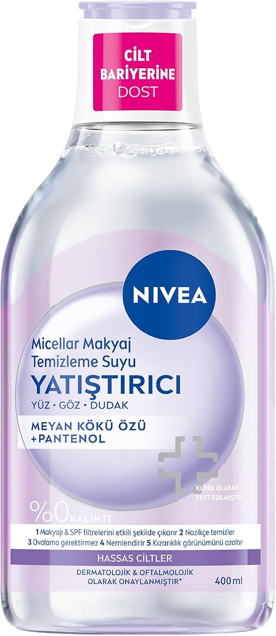 NIVEA Yatıştırıcı Micellar Makyaj Temizleme Suyu 400 ml, Nemlendirici,SPF Filtrelerini Temizler,Yüz,Göz,Dudak İçin,Hassas Ciltler