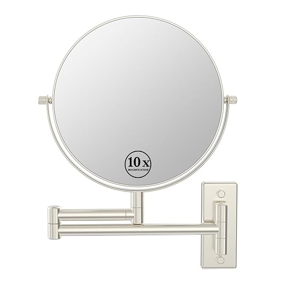 8" Wall Mount Makeup Mirror with 1X 10X Magnification, Brushed Nickel
