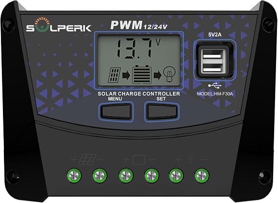 SOLPERK 30A Solar Charger Controller 12V 24V Auto, Solar Panel Battery Intelligent Regulator with Dual USB Port PWM Controller for Gel AGM Lead-Acid Lithium LiFePO4 Battery (30A)