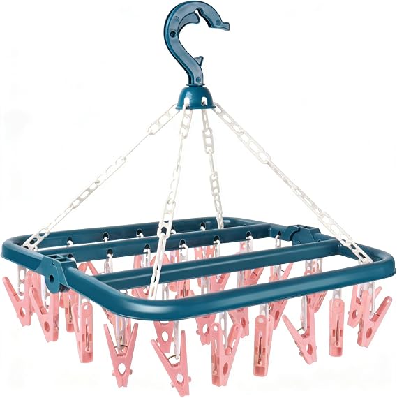 lohey Foldable Clothes Drying Rack with 32 Clips, Space-Saving Sock Hangers for Drying, Multi-Functional Clothes Pegs for Washing Line for Hats, Shoe Insoles, Underwear, Baby Clothes (Pink&Blue)
