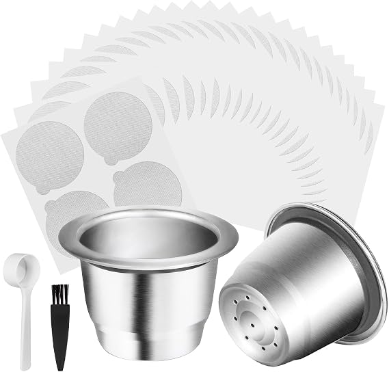 Reusable Espresso Capsules Refillable Coffee Pods for Nespresso OriginalLine, 2 Pods, 100 Lids