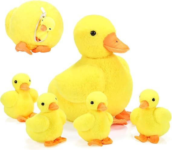 Zomiboo 5 Pcs Duck Stuffed Animals Toy Ducks Family Set, Yellow Duck | Soft Plush Stuffed Toy for Kids, Mama with 4 Baby Ducklings, Zipper Pouch, Bedroom Nursery Toys, Cuddly Plush Set