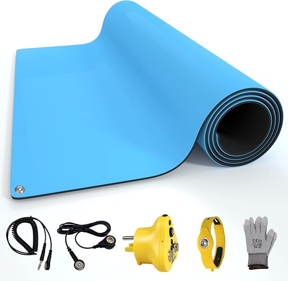 Aidacom 30x24 Inch ESD Rubber Mat, Anti Static Table Floor Pad for PC Building Electronic Device Repair Solder Assembly Work, W/H Grounding Kit- Antistatic Plug Wrist Strap Bracelet Cord Gloves, Blue