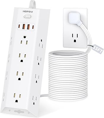 15FT Extension Cord - Surge Protector Power Strip, Long Cord with 12 AC Outlets & 4 USB Ports 2 USB C, Flat Plug Extension Cord, Wall Mount, Desk Charging Station for Office Home Room Essentials