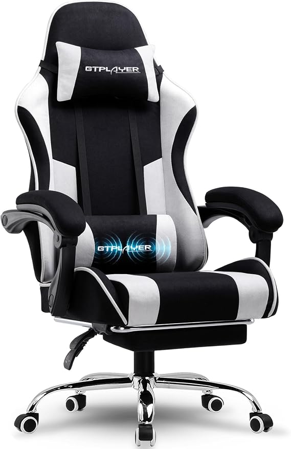 GTPLAYER Gaming Chair, Office Chair, Ergonomic Gaming Chair with Massage Lumbar Support, Work Chair with Footrest and Headrest, White Fabric