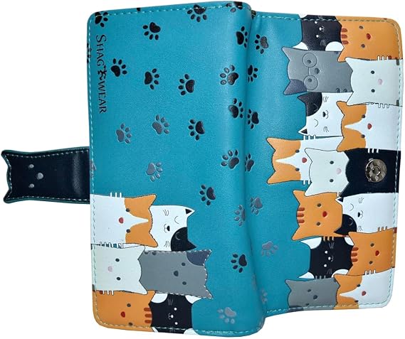 Shag Wear Kitty Crowd Large Wallet 7" Teal