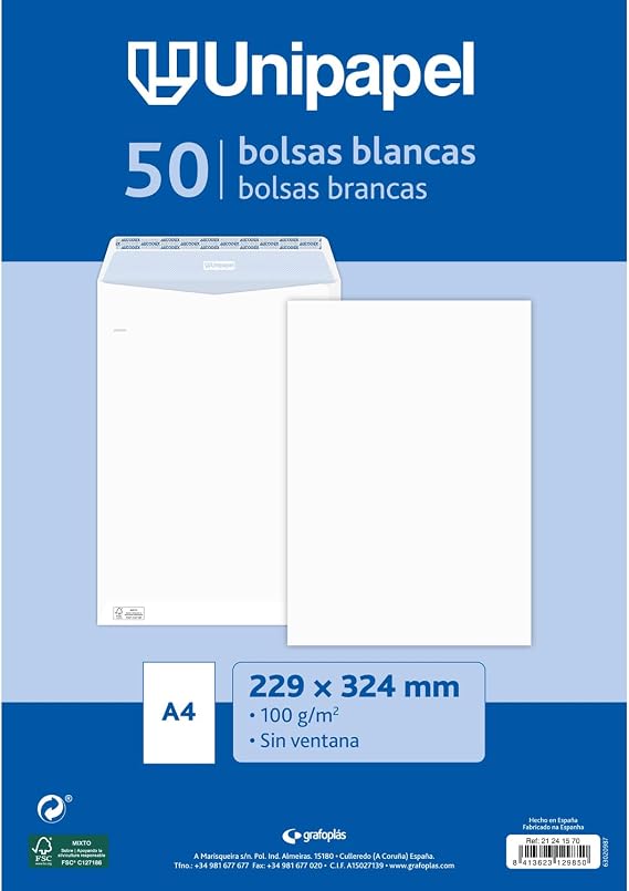 Unipapel White Paper Envelopes 100 g | 229 x 324 mm | Pack of 50 | Bag Type | Autodesk Silicone Self-Adhesive Strip | Top Opening | FSC | Perfect for A4 Documents without Folds
