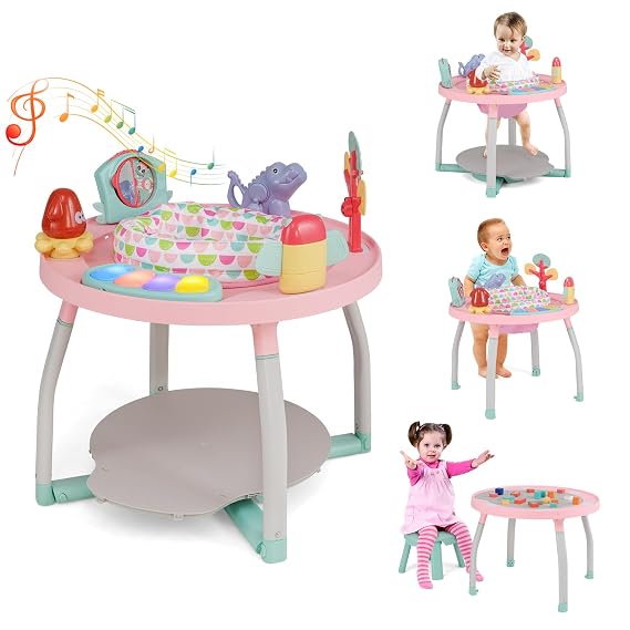 HONEY JOY Baby Activity Center, 5 in 1 Infant Jumper & Standing Play Table w/ 360 Rotary Seat, 6 Toys, 3 Adjustable Heights, Lights, Music & Sounds, Activity Center for Babies 6-36 Months (Pink)