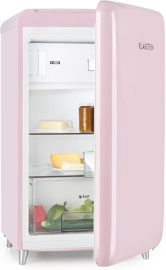 Klarstein PopArt Retro - Fridge Freezer, Small Fridge, Refrigerator, Class E, 108 Litre Capacity, 13 L Freezer Compartment, Adjustable Temperature, 2 Shelves, Vegetable Compartment, Pink [Energy Class E]