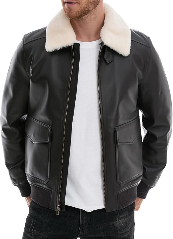 SILVER FASHIONS Leather Jacket Men,Lambskin Bomber Jacket with Removable Real Fur Collar,Front Zip Closure, Multiple Pockets