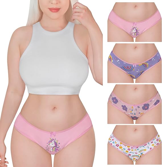 Littleforbig Women's Ladies Soft Cotton Underwear Comfortable Hipster Briefs 4 Pack Panties Set - Unicorn Pattern