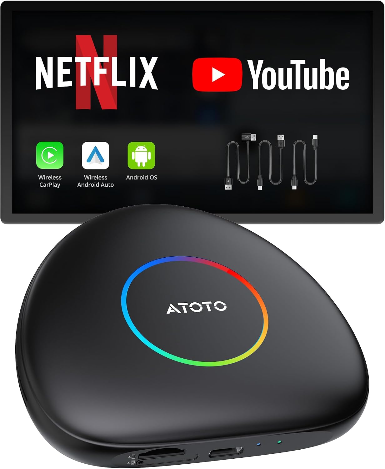 CarWave Car Smart Box AI Box Carplay Adapter - ATOTOLIFE CB6C Wireless Android 13 2025 Upgrade, GPS Navigation with TrackHU, AI DriveChat, 4G LTE, 4G64G, Plug & Play AI Smart Box, Black