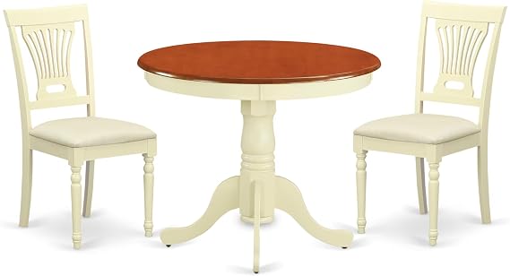 East West Furniture Antique 3 Piece Set for Small Spaces Contains a Round Table with Pedestal and 2 Linen Fabric Kitchen Dining Chairs, 36x36 Inch, Buttermilk & Cherry