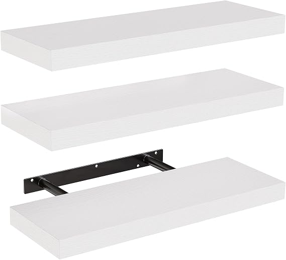 AMADA Floating Shelves for Wall Decor & Storage, Set of 3, White | MDF Wall Shelves for Bedroom, Bathroom, Living Room, Kitchen, 10 kg Capacity per Shelf, Hidden Brackets, Flexible Layout