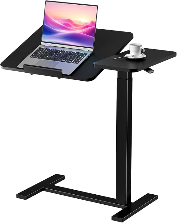 DUMOS Adjustable Bedside Overbed Table with Wheels, Black
