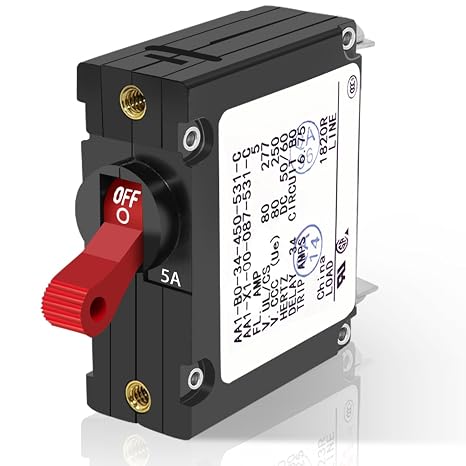 A-Series 5A Boat Circuit Breaker Magnetic with Red Toggle AC/DC Single Pole - 5 Amp Protects Low Power Devices for Marine Yachts, Motorhomes, Campers and Caravans