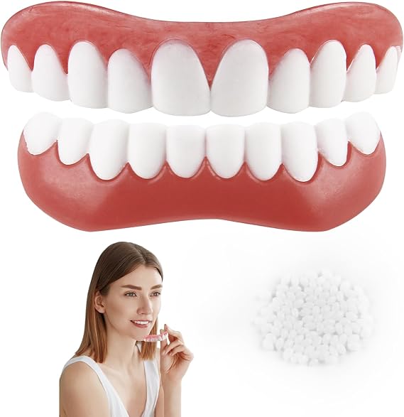 1 Pair of Silicone Reline Denture Set, Soft Denture Reline Kit, Snap On Veneers Teeth Top and Bottom Silicone Denture Reline Kit for Missing Teeth for Upper and Lower Dentures Natural Tones